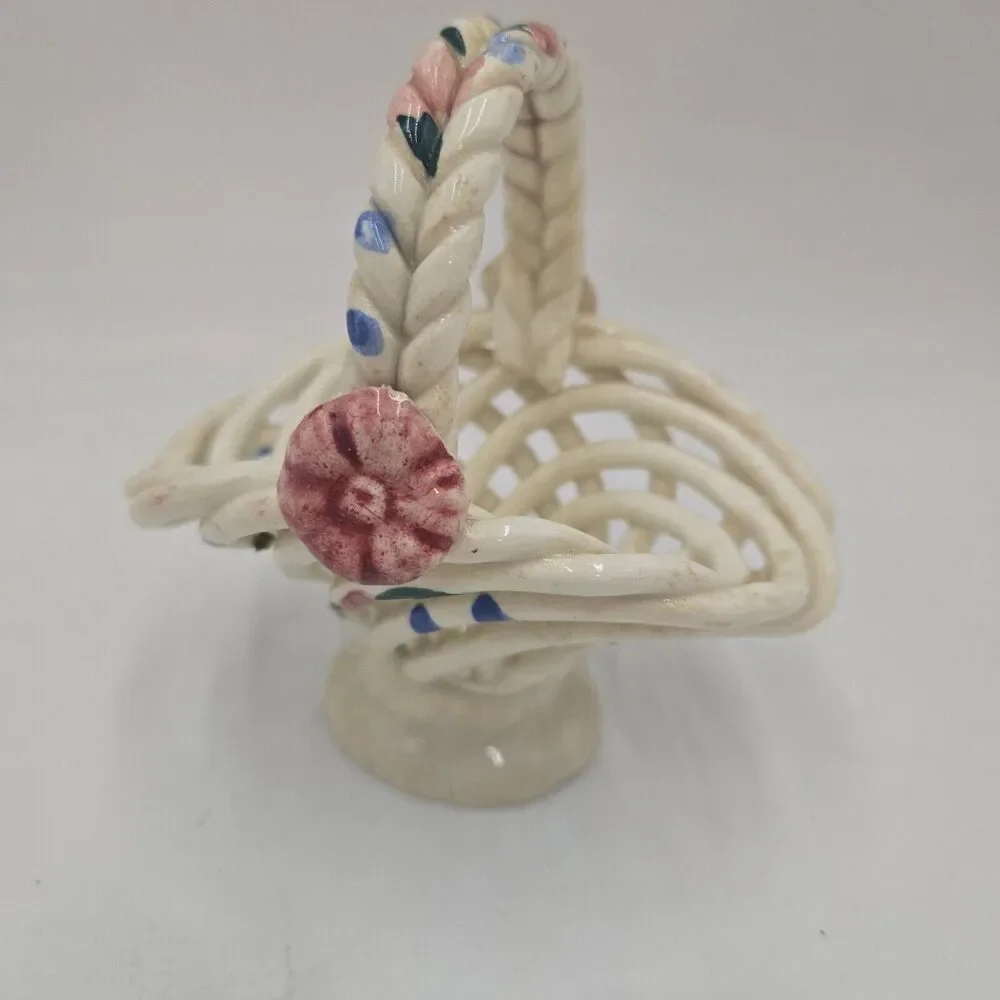 Vintage Spanish Woven Pottery Basket Trinket Basket, Decorator Piece 1960's